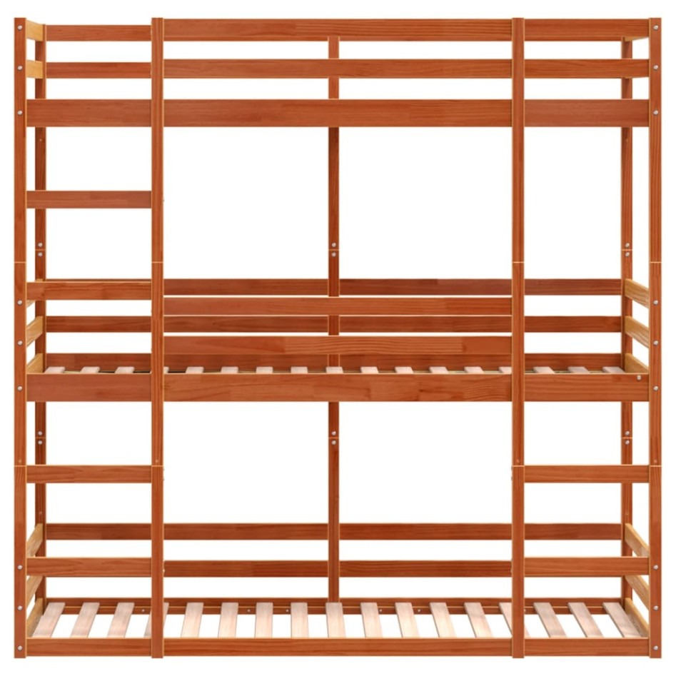 Litera triple de madera maciza de pino marrón cera 90x200