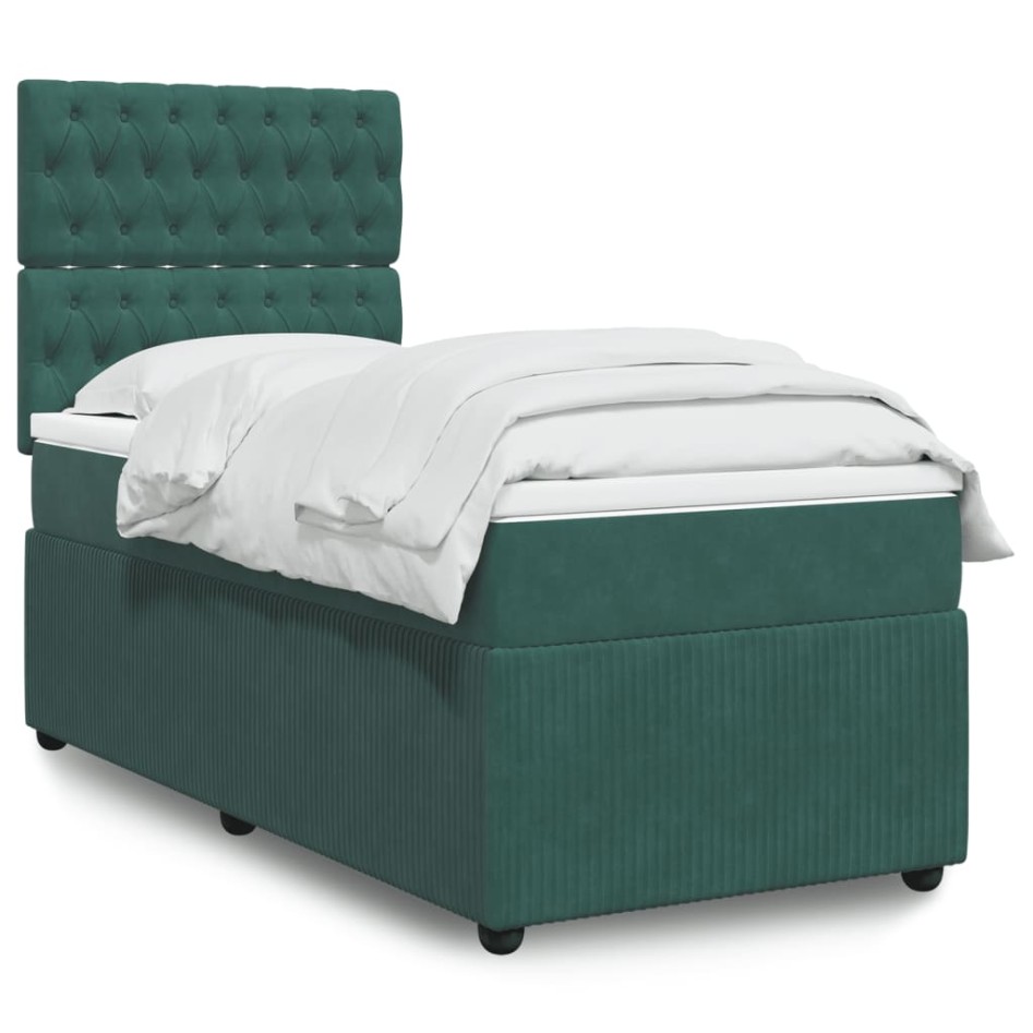 Cama box spring con colchón terciopelo verde oscuro 100x200