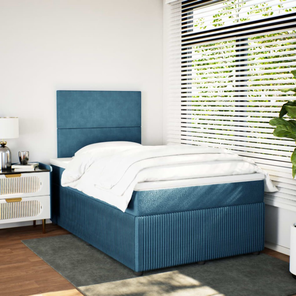 Cama box spring con colchón terciopelo azul 120x190