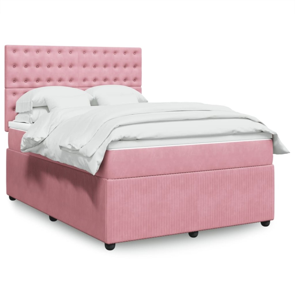 Cama box spring con colchón terciopelo rosa 140x200