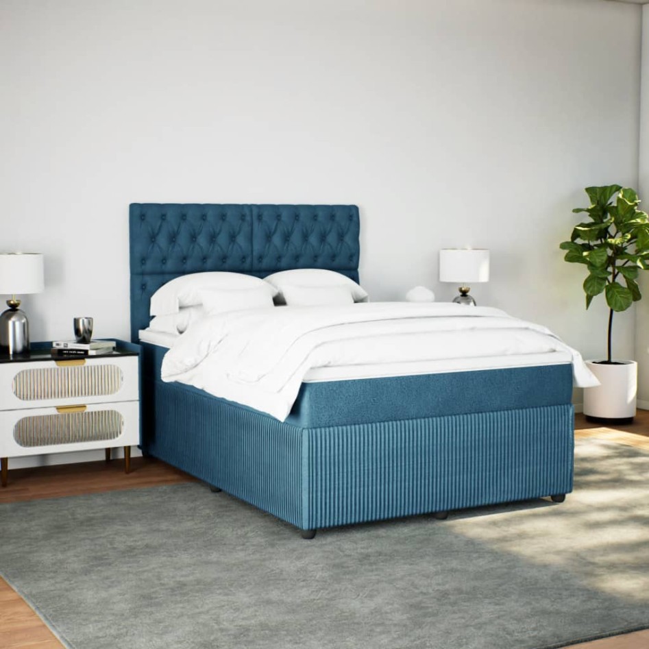 Cama box spring con colchón terciopelo azul 140x200