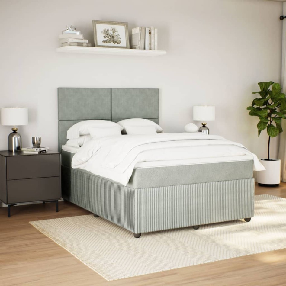 Cama box spring con colchón terciopelo gris claro 140x190
