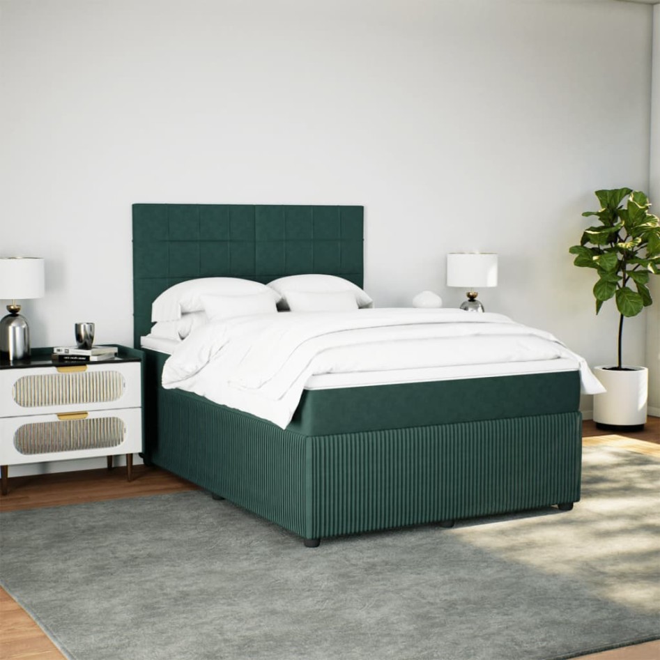 Cama box spring con colchón terciopelo verde oscuro 140x190