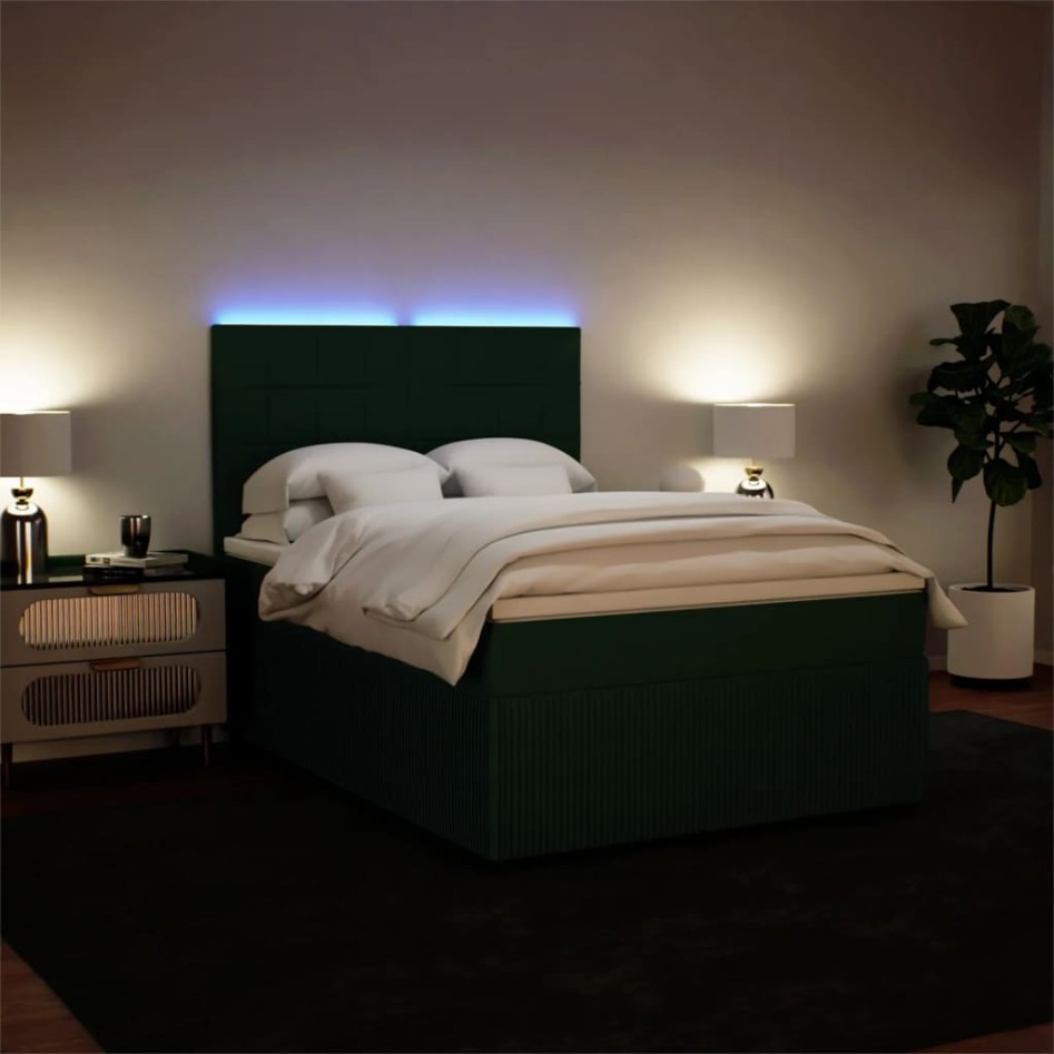 Cama box spring con colchón terciopelo verde oscuro 140x190