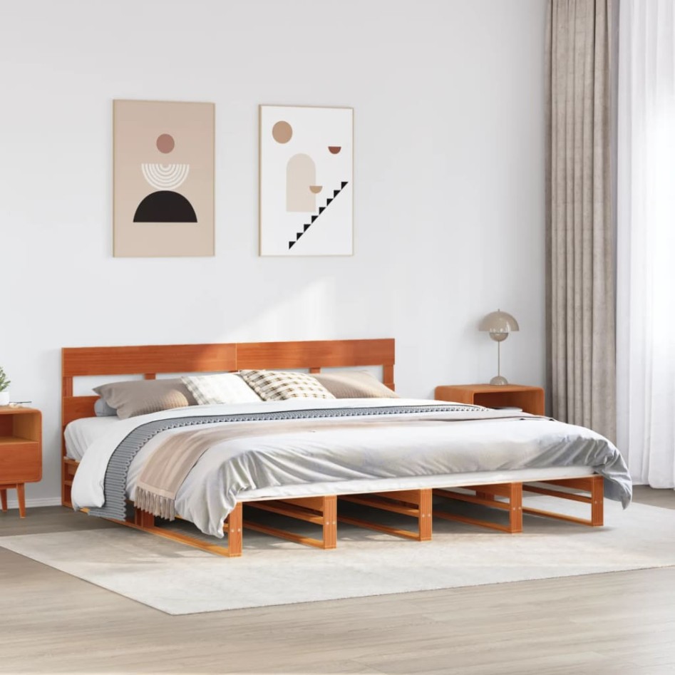 Cama sin colchón madera maciza de pino marrón cera 180x200