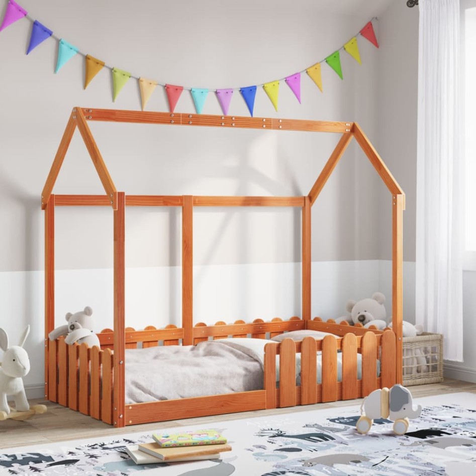 Cama con forma de casa de niños madera maciza marrón 80x160