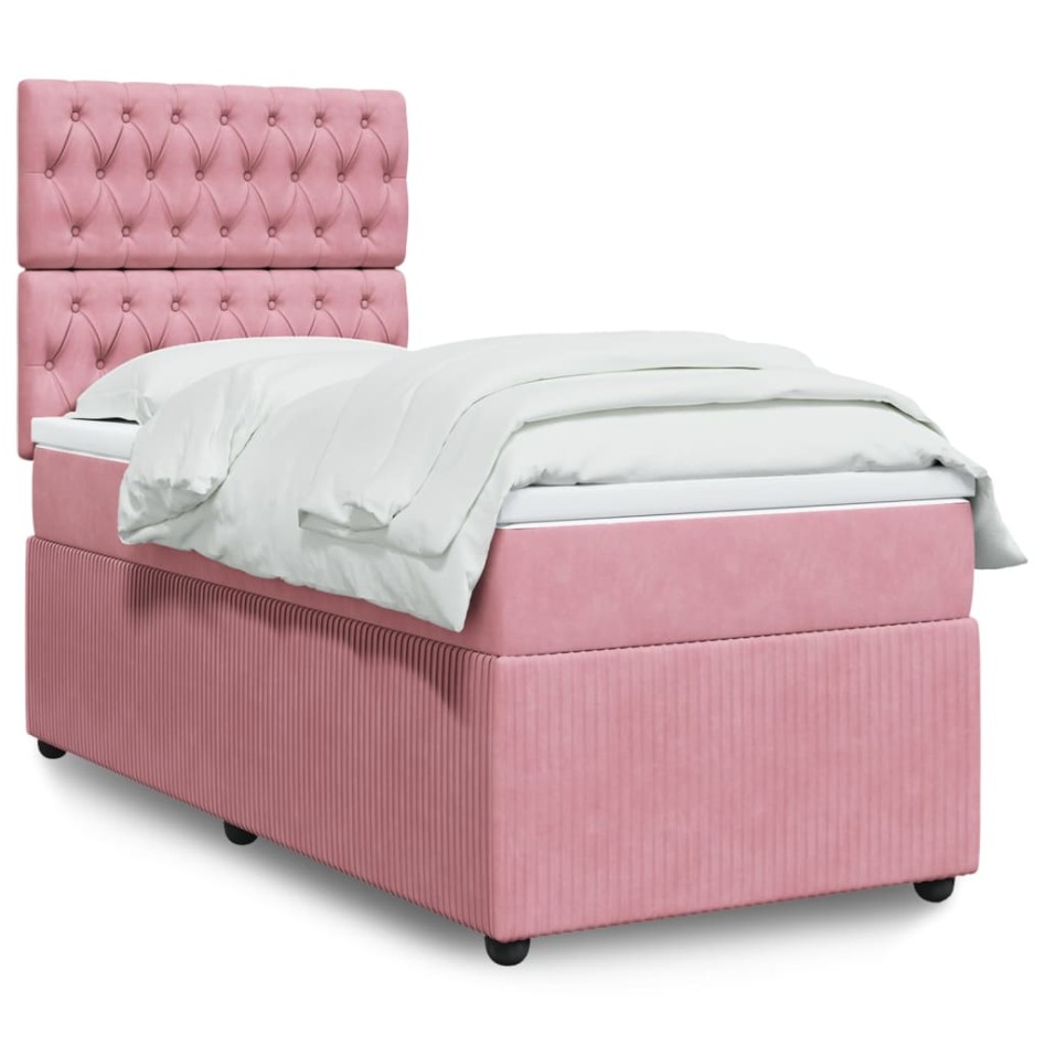Cama box spring con colchón terciopelo rosa 90x200