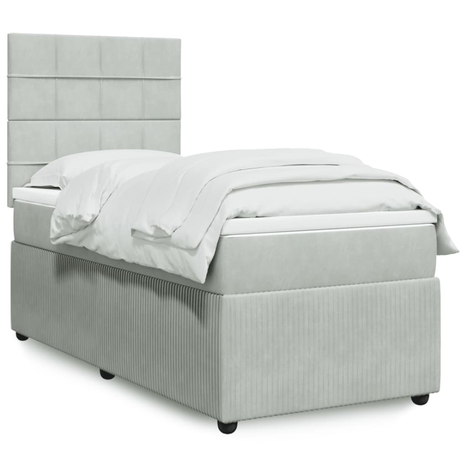 Cama box spring con colchón terciopelo gris claro 90x190