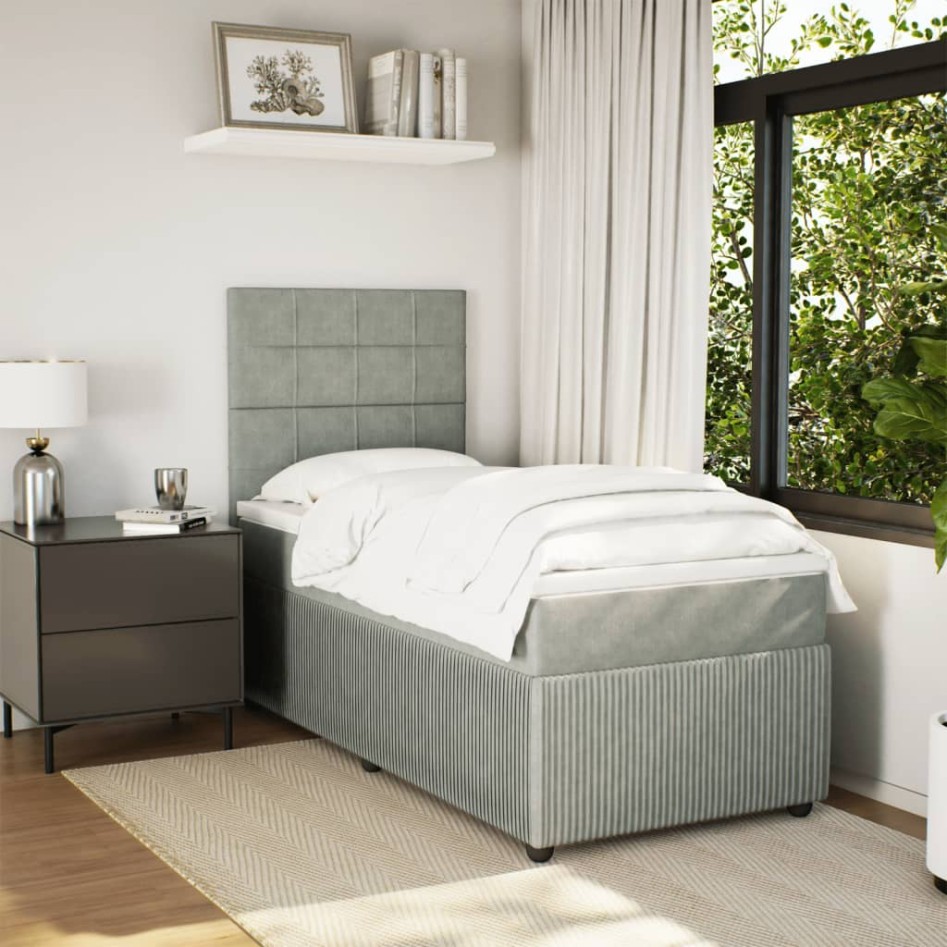 Cama box spring con colchón terciopelo gris claro 90x190