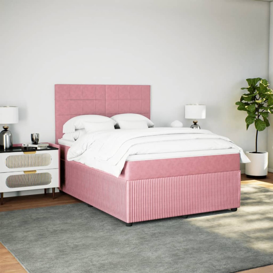 Cama box spring con colchón terciopelo rosa 140x190