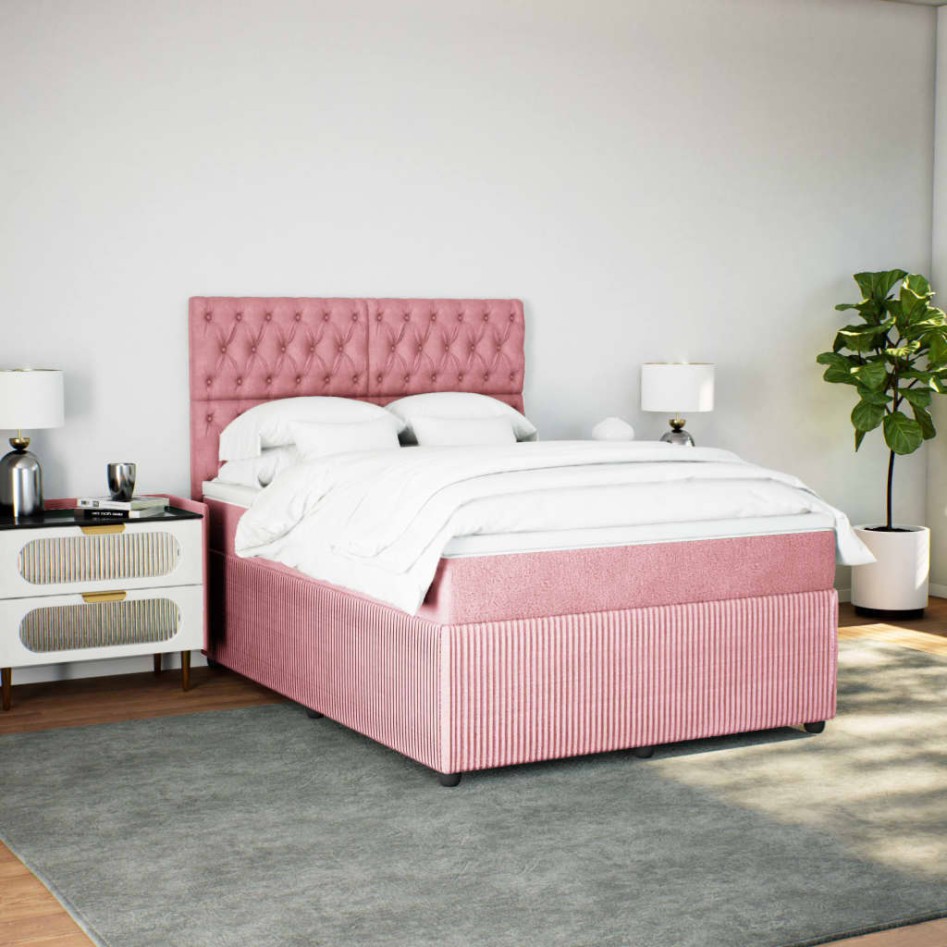 Cama box spring con colchón terciopelo rosa 140x190