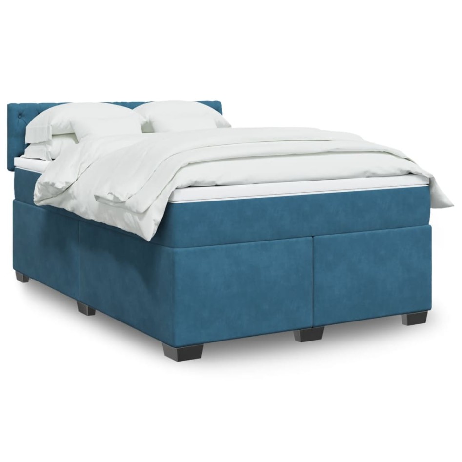 Cama box spring con colchón terciopelo azul 140x190