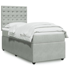 Cama box spring con colchón terciopelo gris claro 90x190