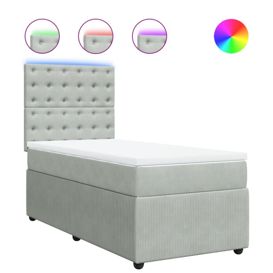 Cama box spring con colchón terciopelo gris claro 90x190
