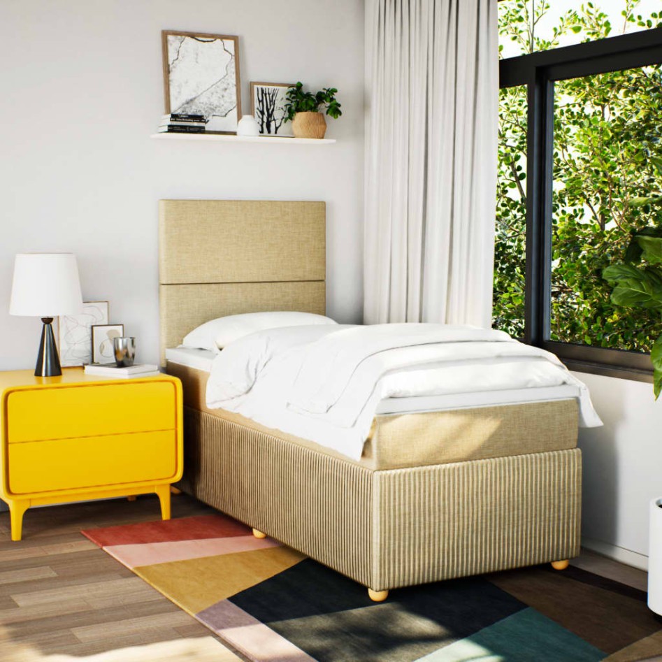 Cama box spring con colchón tela color crema 90x190