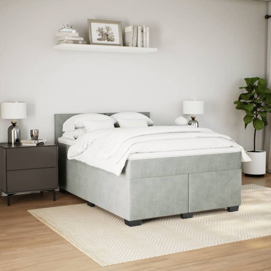 Cama box spring con colchón terciopelo gris claro 140x190