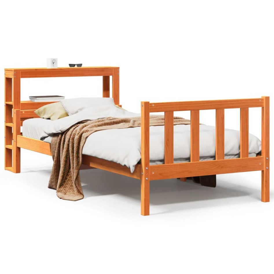 Estructura cama con cabecero madera pino marrón cera 75x190