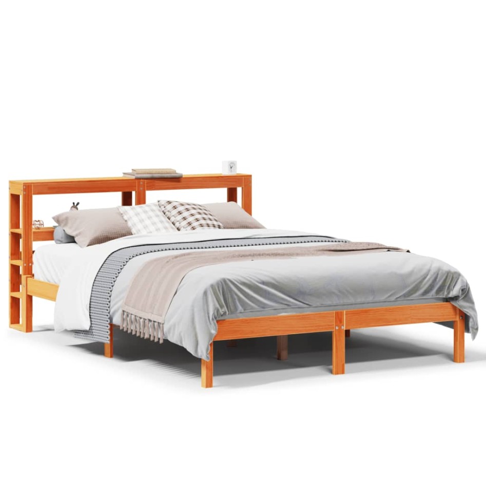 Estructura cama con cabecero madera pino marrón cera 140x190
