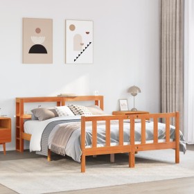 Estructura cama con cabecero madera pino marrón cera 135x190