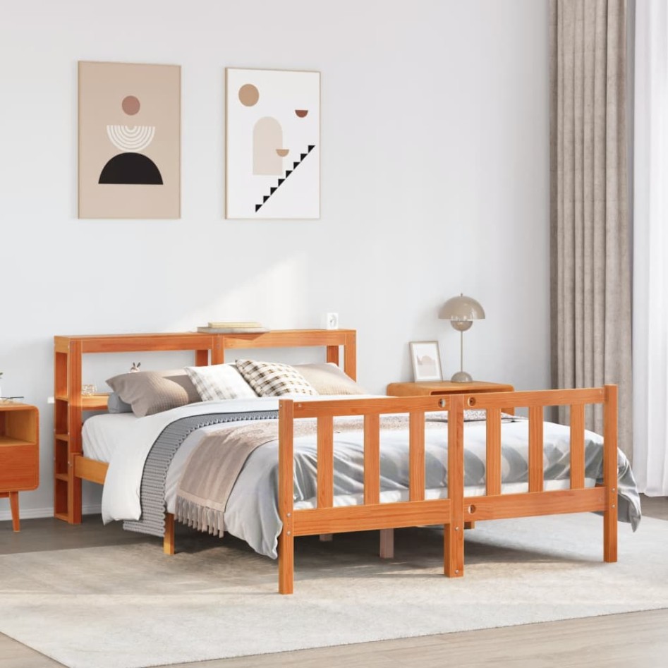 Estructura cama con cabecero madera pino marrón cera 135x190
