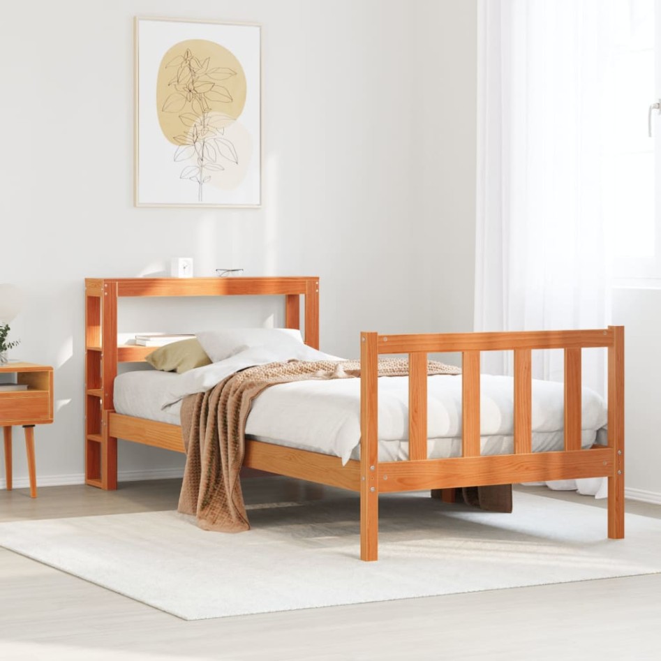 Estructura cama con cabecero madera pino marrón cera 90x200