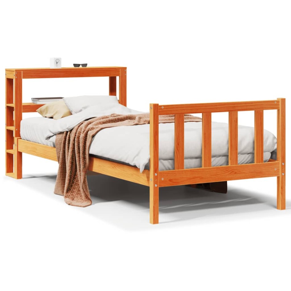 Estructura cama con cabecero madera pino marrón cera 90x200