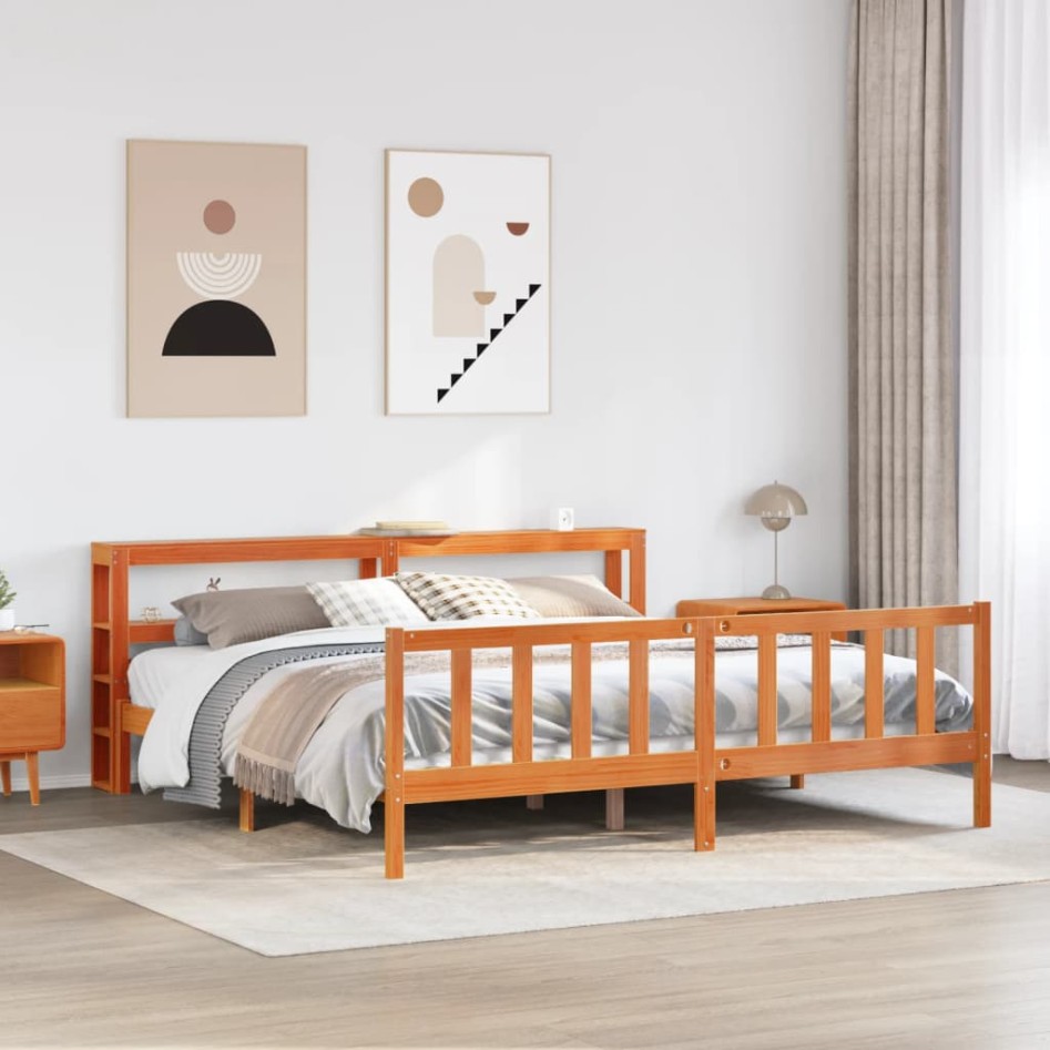 Estructura cama con cabecero madera pino marrón cera 200x200