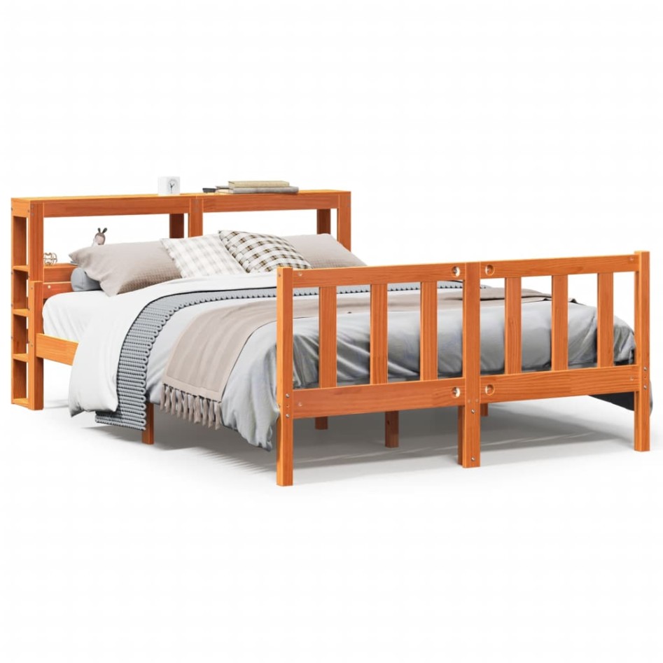 Estructura cama con cabecero madera pino marrón cera 150x200
