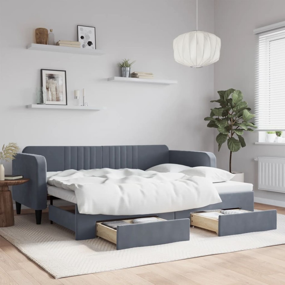 Sofá cama nido con cajones terciopelo gris oscuro 90x200