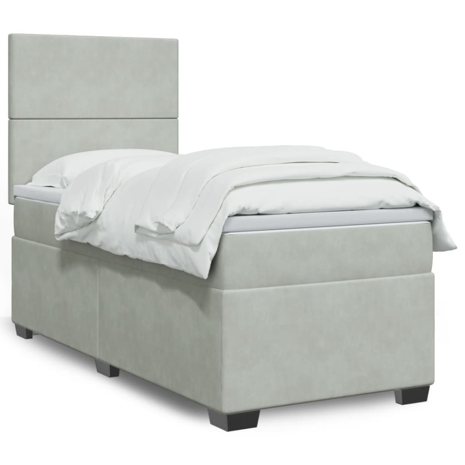 Cama box spring con colchón terciopelo gris claro 80x200
