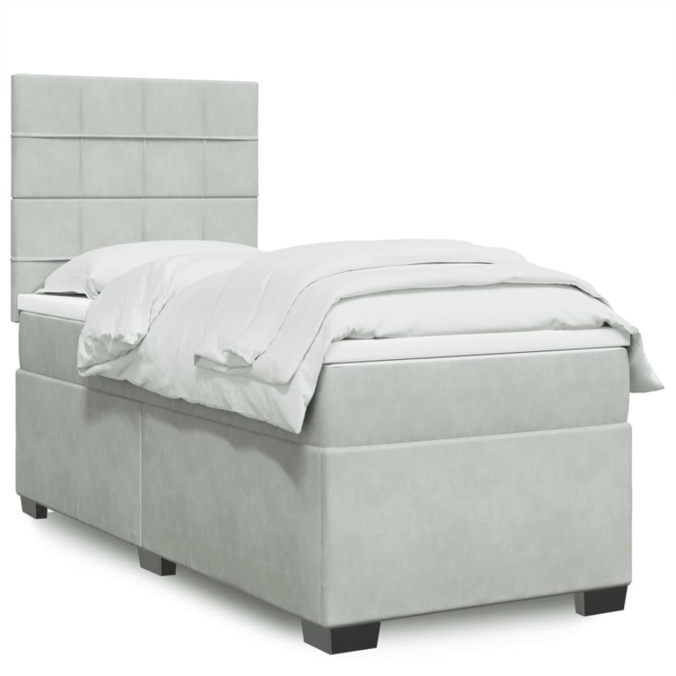 Cama box spring con colchón terciopelo gris claro 90x190