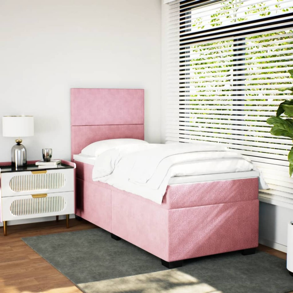 Cama box spring con colchón terciopelo rosa 100x200