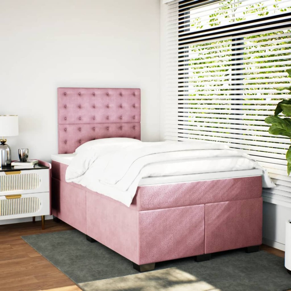 Cama box spring con colchón terciopelo rosa 120x200
