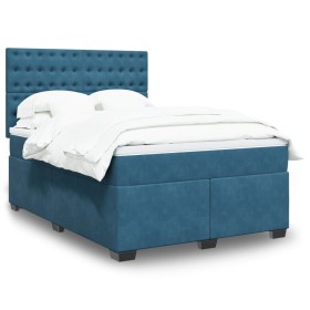 Cama box spring con colchón terciopelo azul 140x190