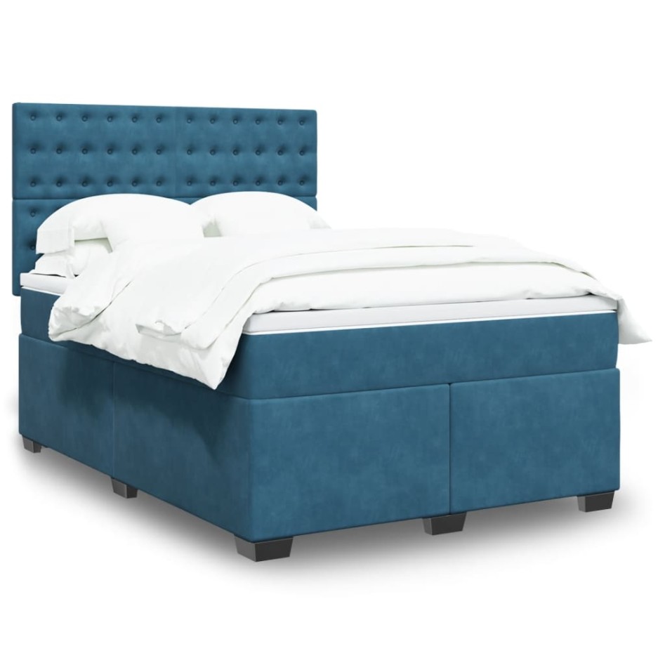 Cama box spring con colchón terciopelo azul 140x190