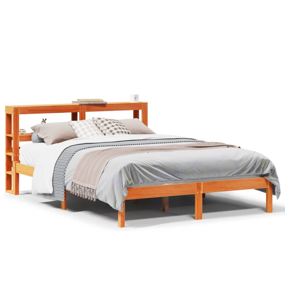 Estructura cama con cabecero madera pino marrón cera 150x200