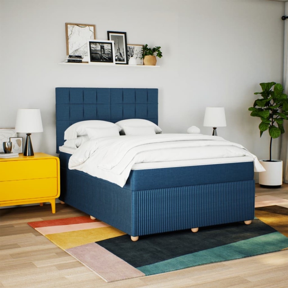 Cama box spring con colchón tela azul 140x200