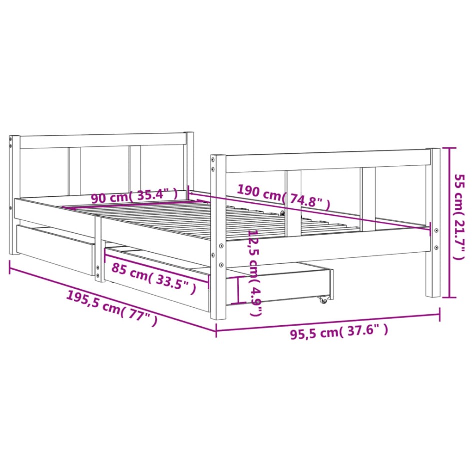 Estructura de cama infantil con cajones madera pino 90x190
