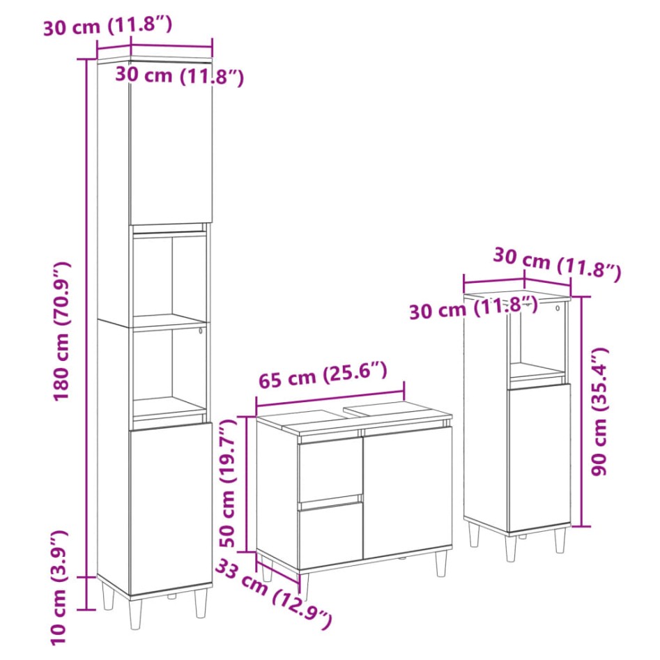Set de muebles de baño 3 pzas madera contrachapada roble