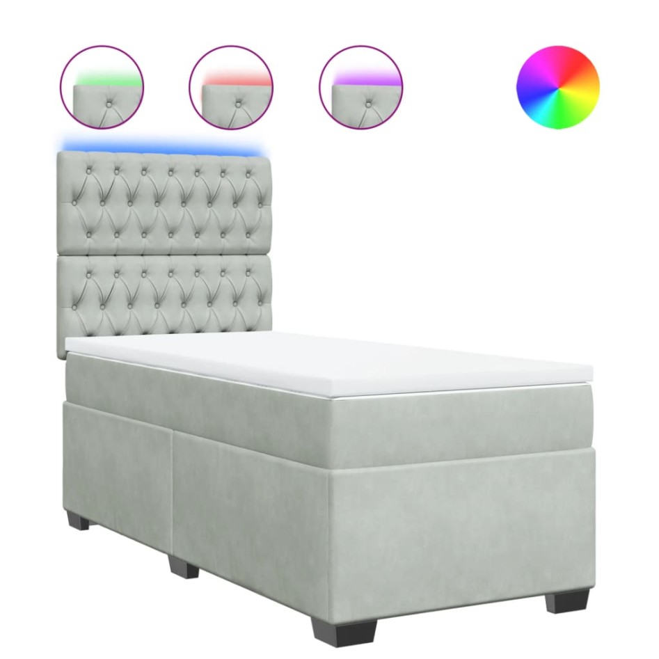 Cama box spring con colchón terciopelo gris claro 100x200
