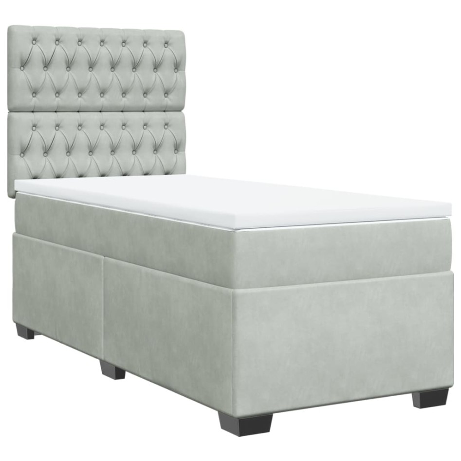Cama box spring con colchón terciopelo gris claro 100x200