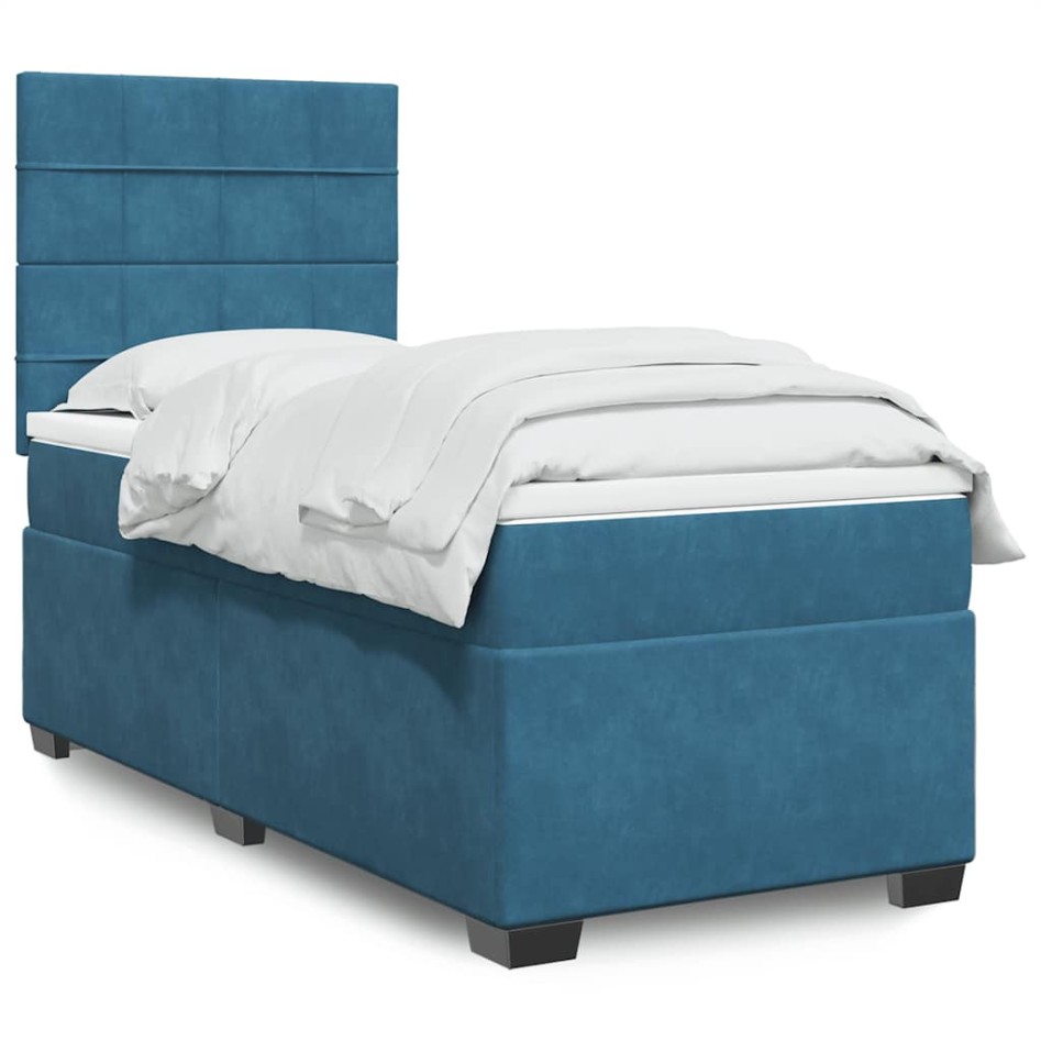 Cama box spring con colchón terciopelo azul oscuro 80x200
