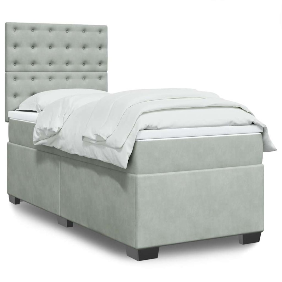 Cama box spring con colchón terciopelo gris claro 90x190