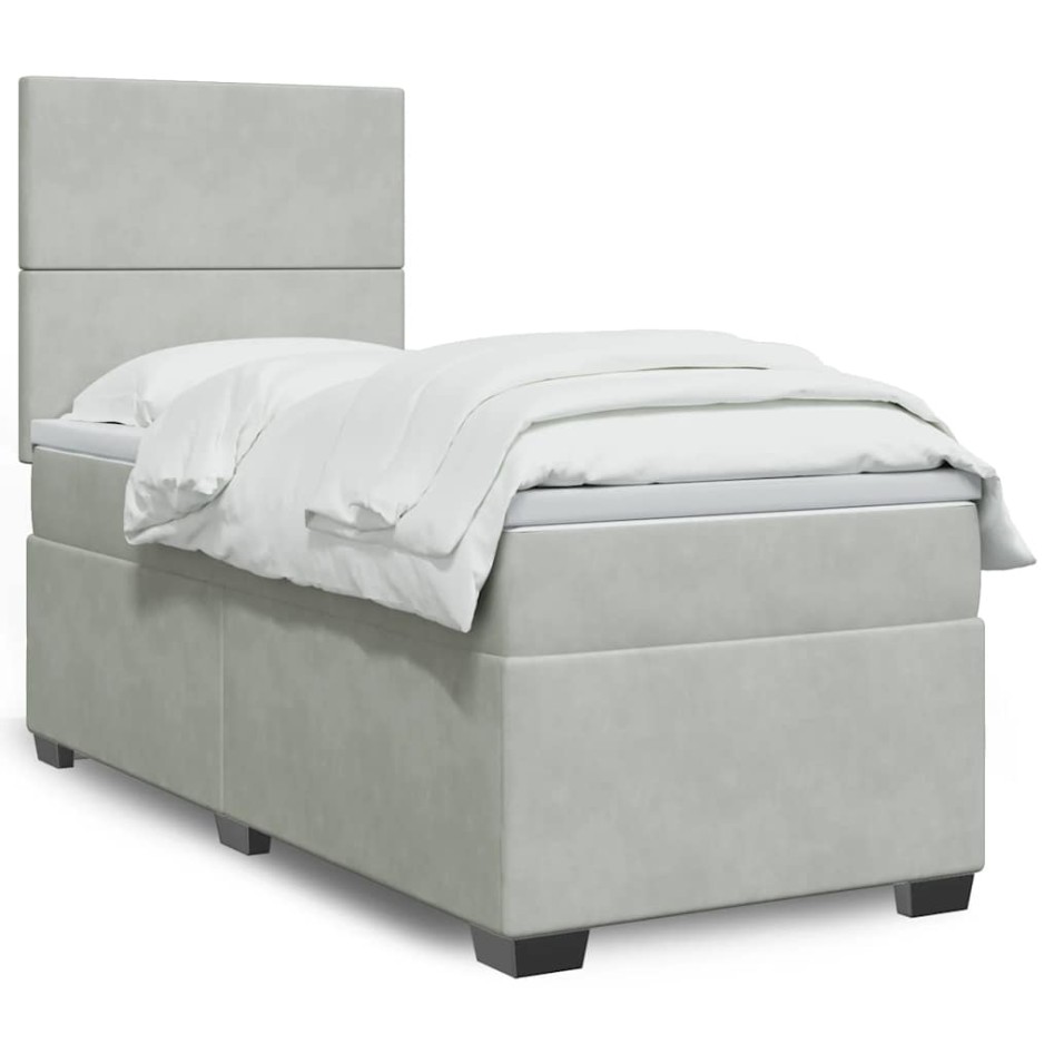Cama box spring con colchón terciopelo gris claro 100x200
