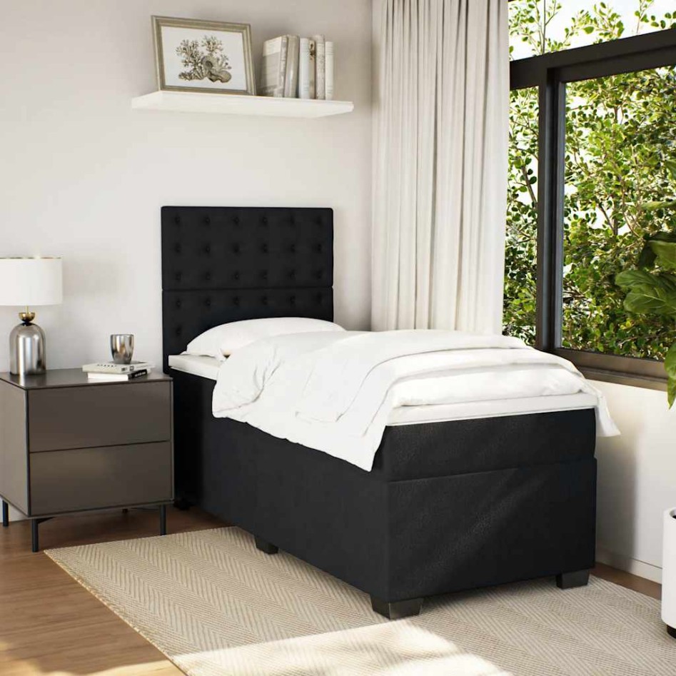 Cama box spring con colchón cuero sintético negro 90x190