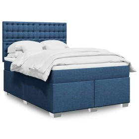 Cama box spring con colchón tela azul 140x190