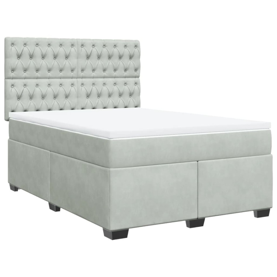 Cama box spring con colchón terciopelo gris claro 140x200