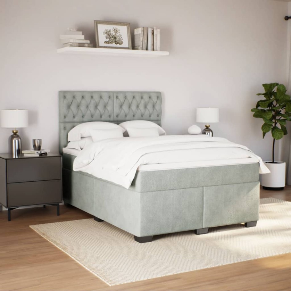 Cama box spring con colchón terciopelo gris claro 140x200