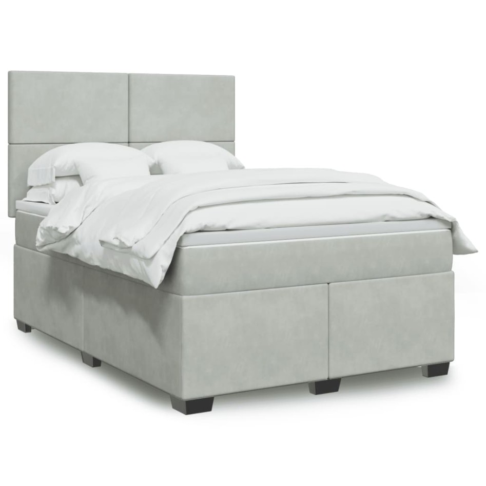 Cama box spring con colchón terciopelo gris claro 160x200