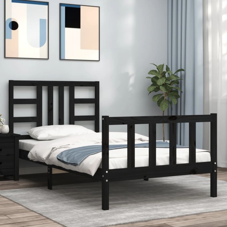 Estructura de cama con cabecero madera maciza negro 90x190